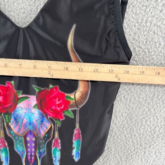 Solkissed One Piece Swimsuit L Black Boho Western Bull Skull Festival Pool Beach - Picture 8 of 12